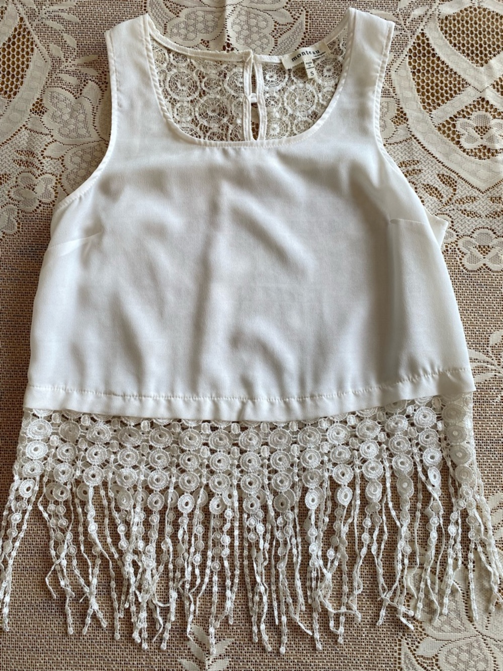 Monteau Ivory Lace-Back Fringe Tank